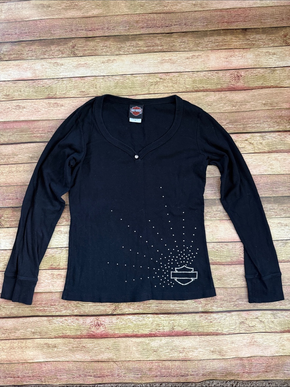Harley-Davidson Black Long Sleeve V-Neck Top with Rhinestone Accent